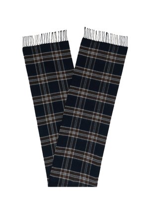 Wełniany szalik z ciemnogranatowym tle w kratę w kolorze białym i brązowym, wykończony frędzlami na obu końcach.