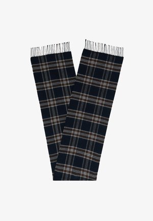 Wełniany szalik z ciemnogranatowym tle w kratę w kolorze białym i brązowym, wykończony frędzlami na obu końcach.