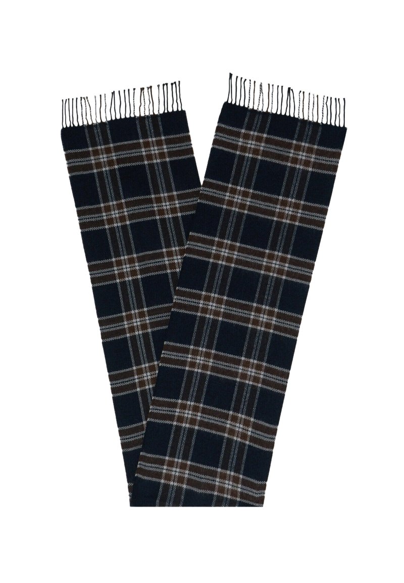 Sciarpa di lana con sfondo blu navy scuro e motivo a quadri in bianco e marrone, rifinita con bordi frangiati su entrambe le estremità.