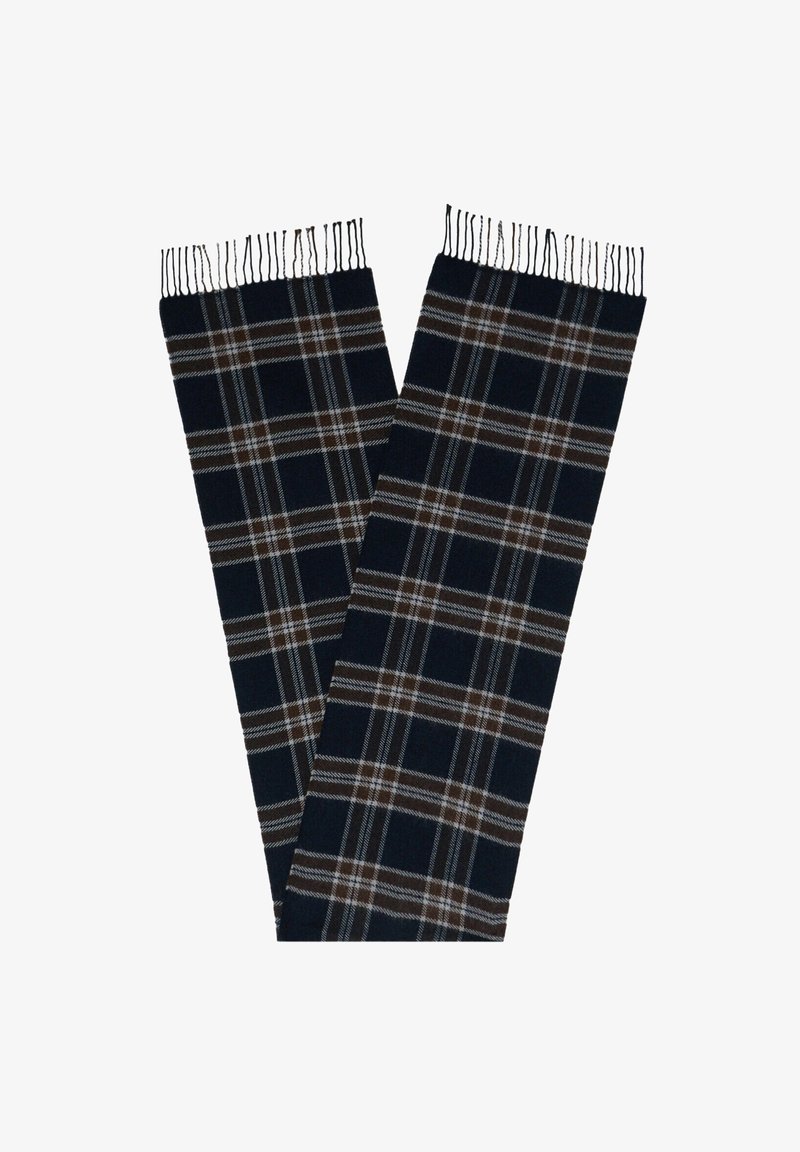 Sciarpa di lana con sfondo blu navy scuro e motivo a quadri in bianco e marrone, rifinita con bordi frangiati su entrambe le estremità.