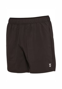 Czarne krótkie spodenki sportowe z elastycznym pasem, dwoma bocznymi kieszeniami oraz białym logo w kształcie szewrona na dolnej prawej stronie. Gładka faktura tkaniny.