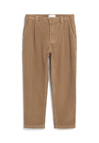 Beige corduroy broek met een recht silhouet, voorzien van plooien aan de voorkant en zijzakken. Zachte textuur met verticale ribbel detail.