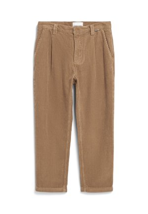 Pantaloni in velluto a coste color sabbia con design a gamba dritta, caratterizzati da pieghe frontali e tasche laterali. Tessuto morbido con dettagli a righe verticali.