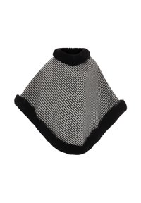 Černobílý houndstooth pončo s měkkým �černým umělým kožíškem na lemu a límci. Má uvolněný, volně splývavý design vhodný pro vrstvení.