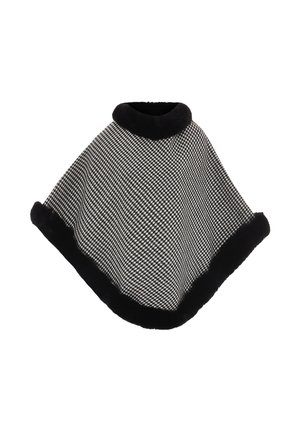 Poncho in bianco e nero a motivo houndstooth con morbido trim e colletto in pelliccia sintetica nera. Presenta un design rilassato e fluido, adatto per sovrapposizioni.