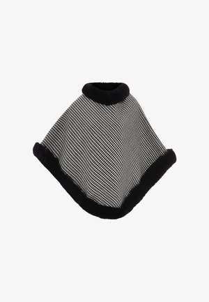 Schwarz-weißer Hahnentrittmuster-Poncho mit einem weichen, schwarzen Kunstpelzbesatz und Kragen. Verfügt über ein lässiges, fließendes Design, das sich gut zum Schichten eignet.