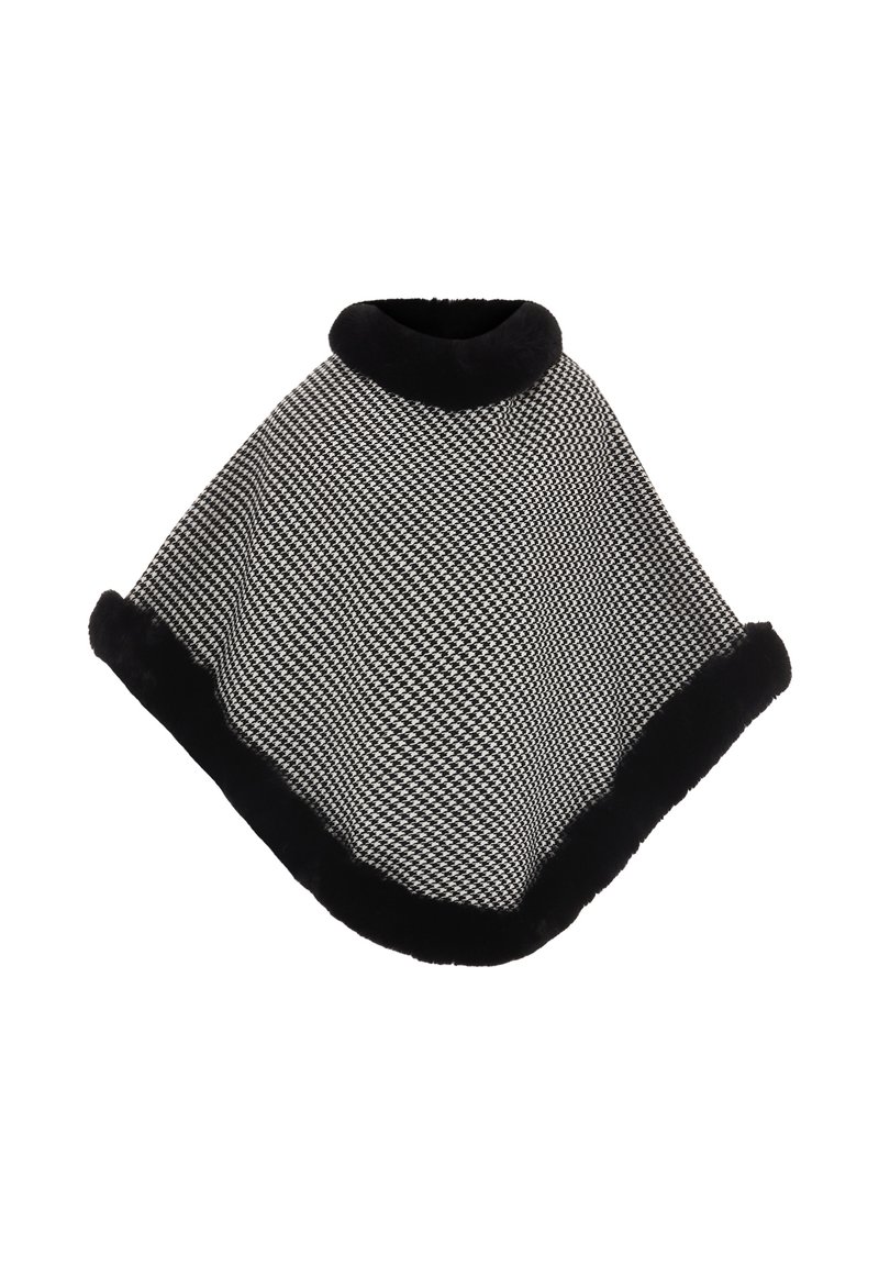 Černobílý houndstooth pončo s měkkým černým umělým kožíškem na lemu a límci. Má uvolněný, volně splývavý design vhodný pro vrstvení.