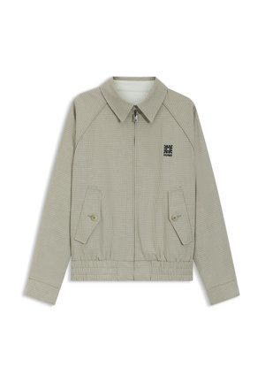 Veste zippée gris clair à petit motif à carreaux, poches à rabat avec boutons, taille élastique et logo Hugo noir sur la poitrine.