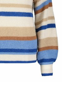Strickpullover mit horizontalen Streifen in Beige, Hellblau, Dunkelblau und Braun. Gerippte Bündchen und Saum mit strukturierter Oberfläche.