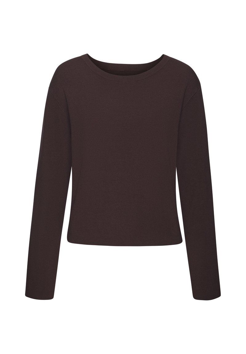 Dunkelbrauner, langärmeliger Oberteil mit rundem Ausschnitt. Gerippte Textur und leicht verkürzter Saum. Einfaches Design, geeignet zum Schichten.