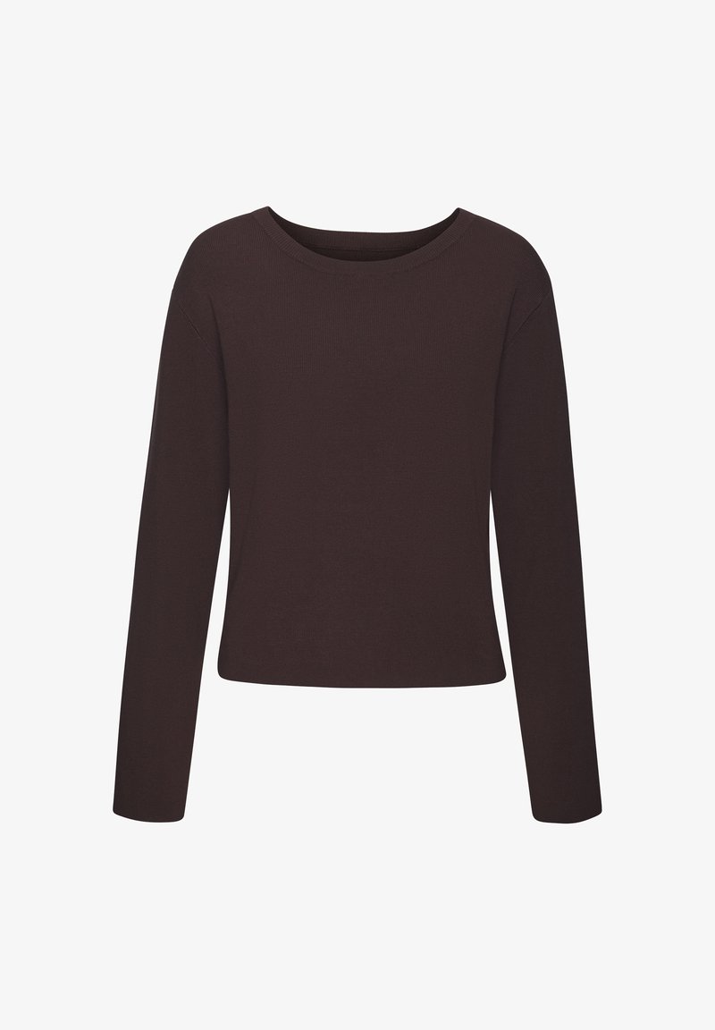 Dunkelbrauner, langärmeliger Oberteil mit rundem Ausschnitt. Gerippte Textur und leicht verkürzter Saum. Einfaches Design, geeignet zum Schichten.