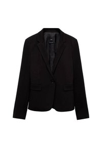 Black blazer with a tailored fit, single button closure, notch lapels, two front pockets, and a smooth inner lining.