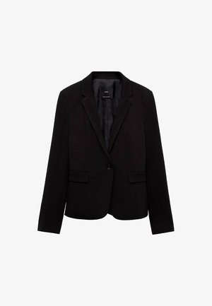 Black blazer with a tailored fit, single button closure, notch lapels, two front pockets, and a smooth inner lining.