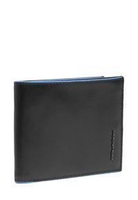 Schwarzes Lederportemonnaie mit blauen Akzenten, verfügt über eine glatte Textur, rechteckige Form und dezentes Branding an der Seite.