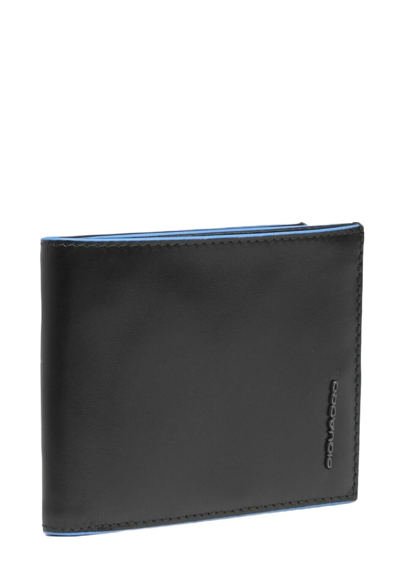 Schwarzes Lederportemonnaie mit blauen Akzenten, verfügt über eine glatte Textur, rechteckige Form und dezentes Branding an der Seite.