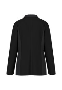 Schwarze Jacke mit strukturiertem Kragen, langen Ärmeln und gerippten Details an den Schultern und Seiten. Glatte Textur und schlankes Design.