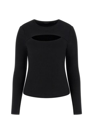 Black long-sleeve top featuring a ribbed texture and unique cut-out detail at the chest, with a round neckline and fitted silhouette.