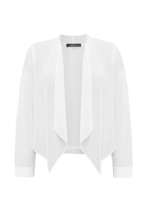 Biała, lekka krótka kurtka z drapowanym przodem, długimi rękawami i elastycznym pasem. Gładka tekstura, bez widocznych wzorów i elementów metalowych.