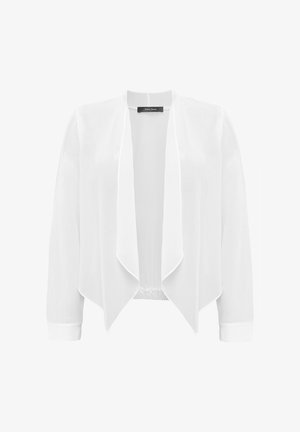 Veste courte blanche et légère avec devant drapé, manches longues et taille élastique. Texture lisse, sans motifs ni éléments métalliques visibles.