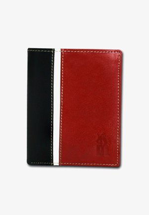 Dual-tone wallet with a black leather side and a red leather side. Features white stitching and a subtle embossed logo.