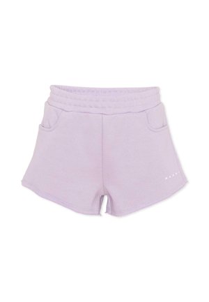 Shorts décontractés violet clair avec taille élastique, deux poches avant et petit texte de marque blanc sur la jambe gauche.