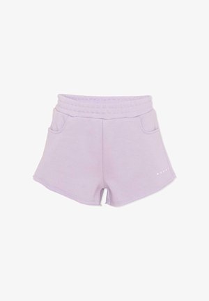 Shorts décontractés violet clair avec taille élastique, deux poches avant et petit texte de marque blanc sur la jambe gauche.