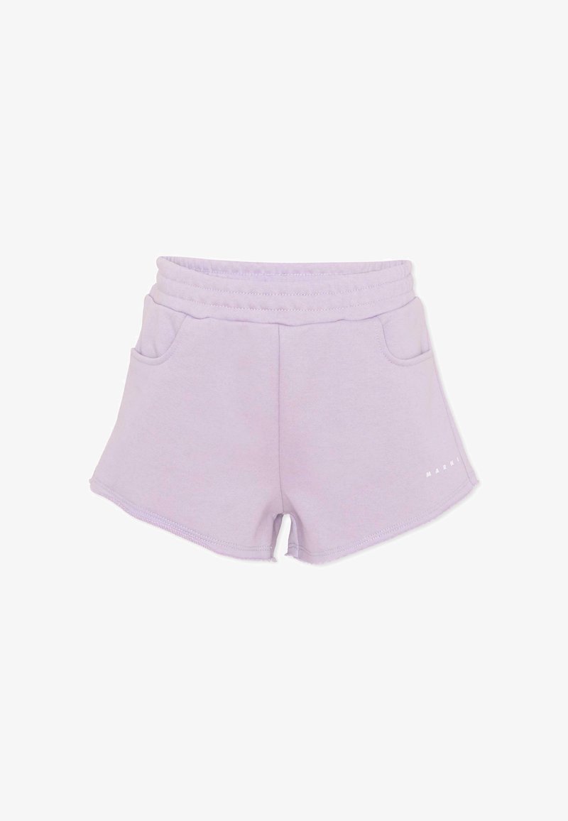 Shorts décontractés violet clair avec taille élastique, deux poches avant et petit texte de marque blanc sur la jambe gauche.