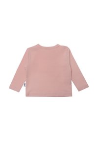 Langärmliges, hellrosa Hemd aus weicher Baumwolle. Mit Rundhalsausschnitt und geradem Saum, ergänzt durch ein kleines seitliches Etikett.