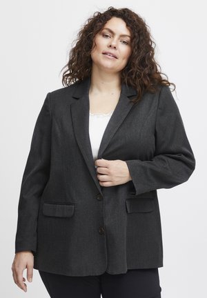 Mörkgrå blazer med skräddarsydd passform, ljus textur, två framfickor och två bruna knappar, med slagkrage och långa ärmar.