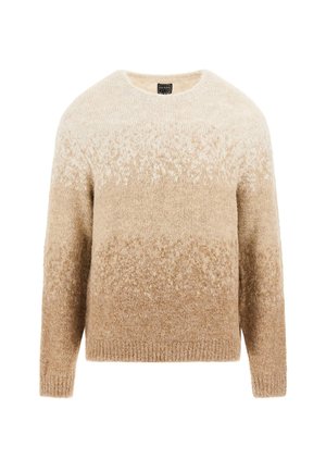 Strickpullover mit einem runden Ausschnitt, der ein Farbverlaufsmuster von Creme zu Beige aufweist. Weiche Textur und lockere Passform. Lange Ärmel und gerippter Saum.