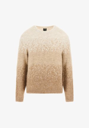 Strickpullover mit einem runden Ausschnitt, der ein Farbverlaufsmuster von Creme zu Beige aufweist. Weiche Textur und lockere Passform. Lange Ärmel und gerippter Saum.