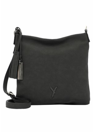 Black perforated leather crossbody bag with a detachable strap, featuring a tassel accent and a logo tag on silver hardware.