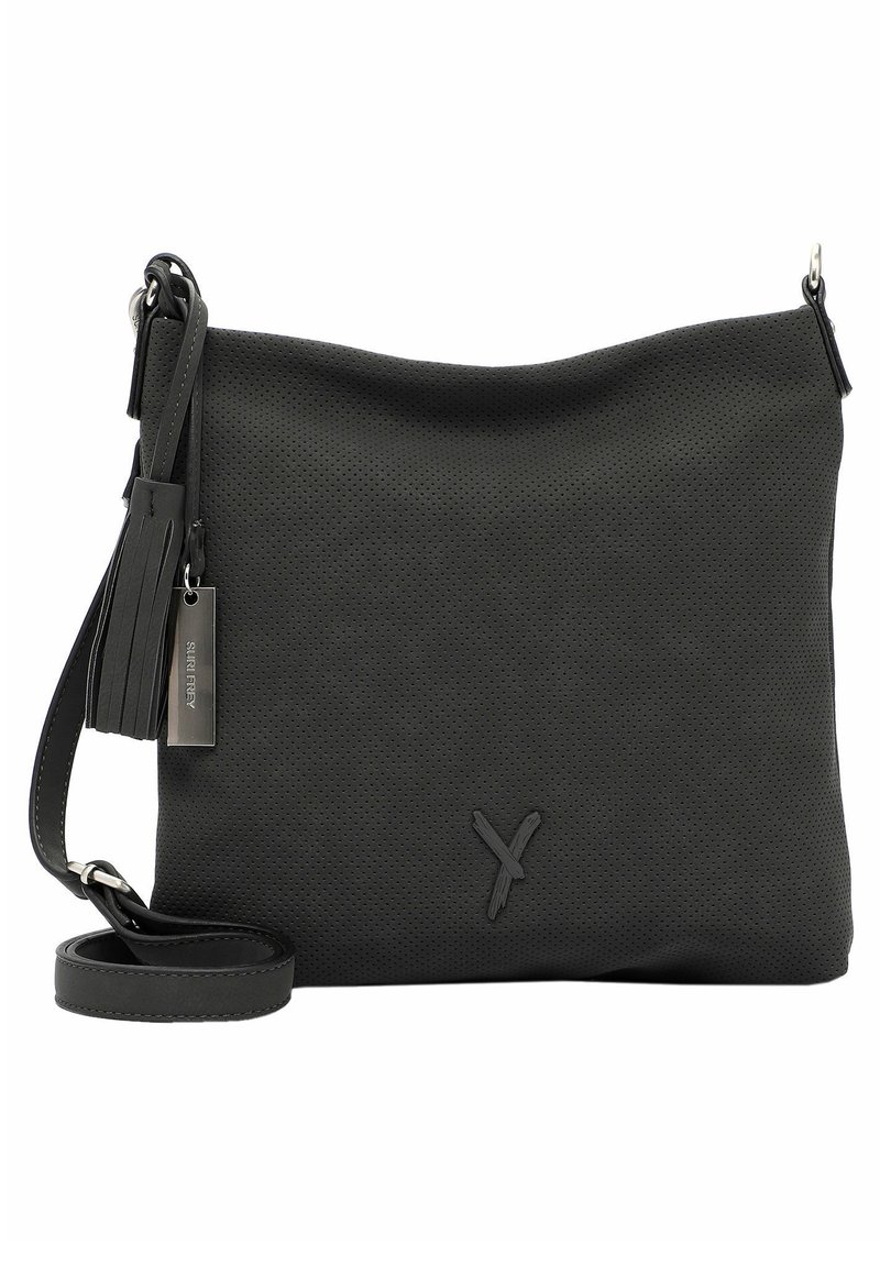 Borsa a tracolla in pelle nera perforata con tracolla rimovibile, caratterizzata da un accento con nappina e un'etichetta con logo su hardware argentato.