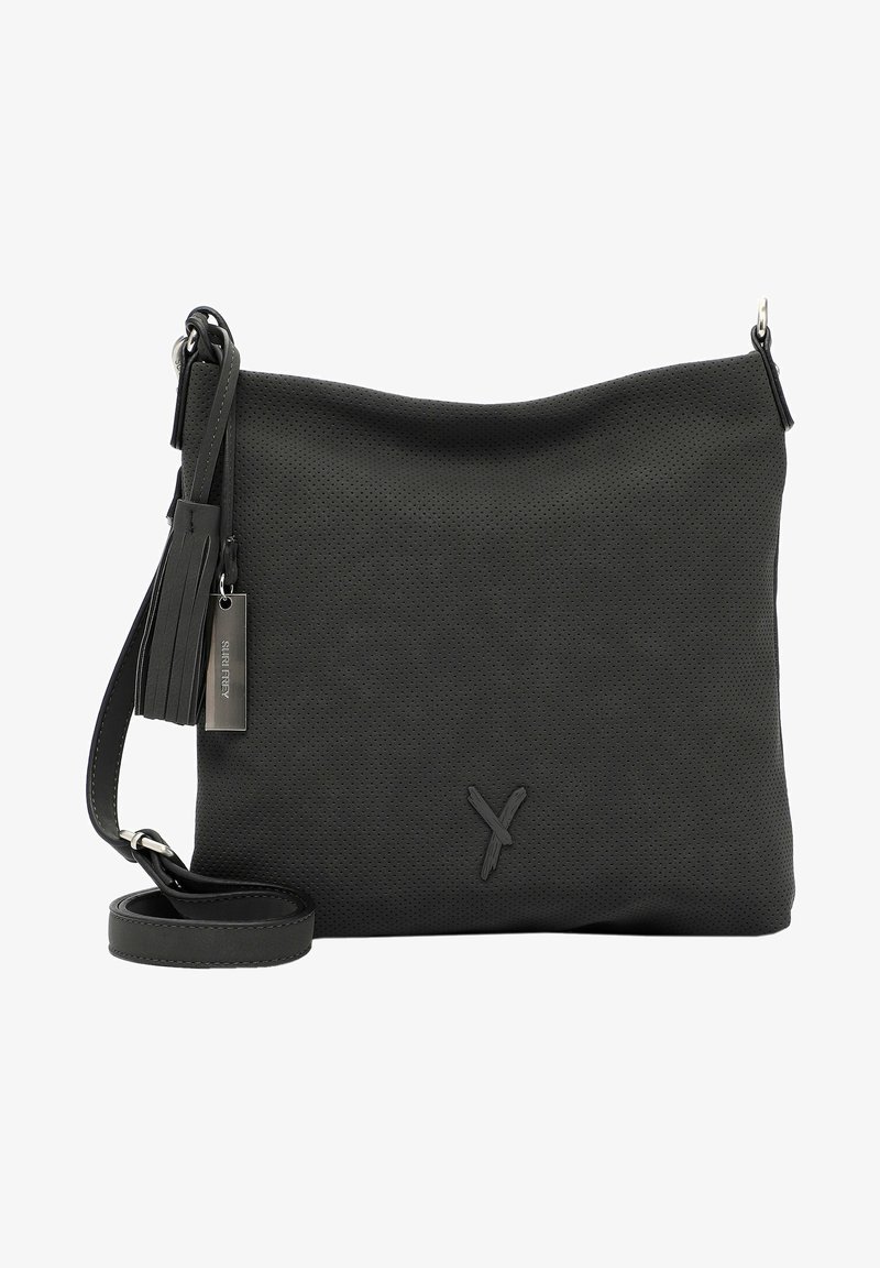 Black perforated leather crossbody bag with a detachable strap, featuring a tassel accent and a logo tag on silver hardware.