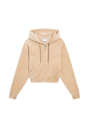 Beige cropped hoodie met ritssluiting, voorzakken, capuchon met trekkoord en subtiel geborduurd logo op de linkerborst.