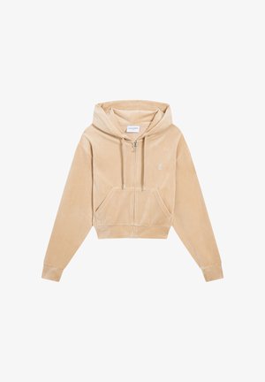 Beige cropped hoodie met ritssluiting, voorzakken, capuchon met trekkoord en subtiel geborduurd logo op de linkerborst.