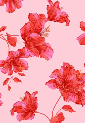 Jaskrawo czerwone i różowe kwiaty hibiskusa z pomarańczowymi pręcikami rozrzucone na miękkim różowym tle.