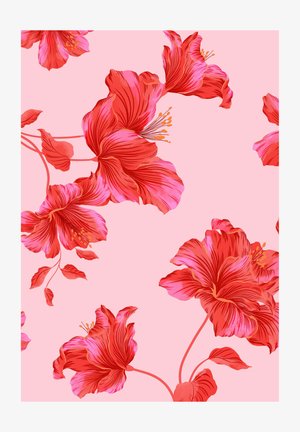 Leuchtend rote und pinke Hibiskusblüten mit orangefarbenen Staubgefäßen, verstreut auf einem sanft rosafarbenen Hintergrund.