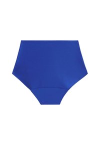 Högmidjade badbyxor i solid blå färg med slät textur, med en sömlös design och elastisk midja för komfort och passform.