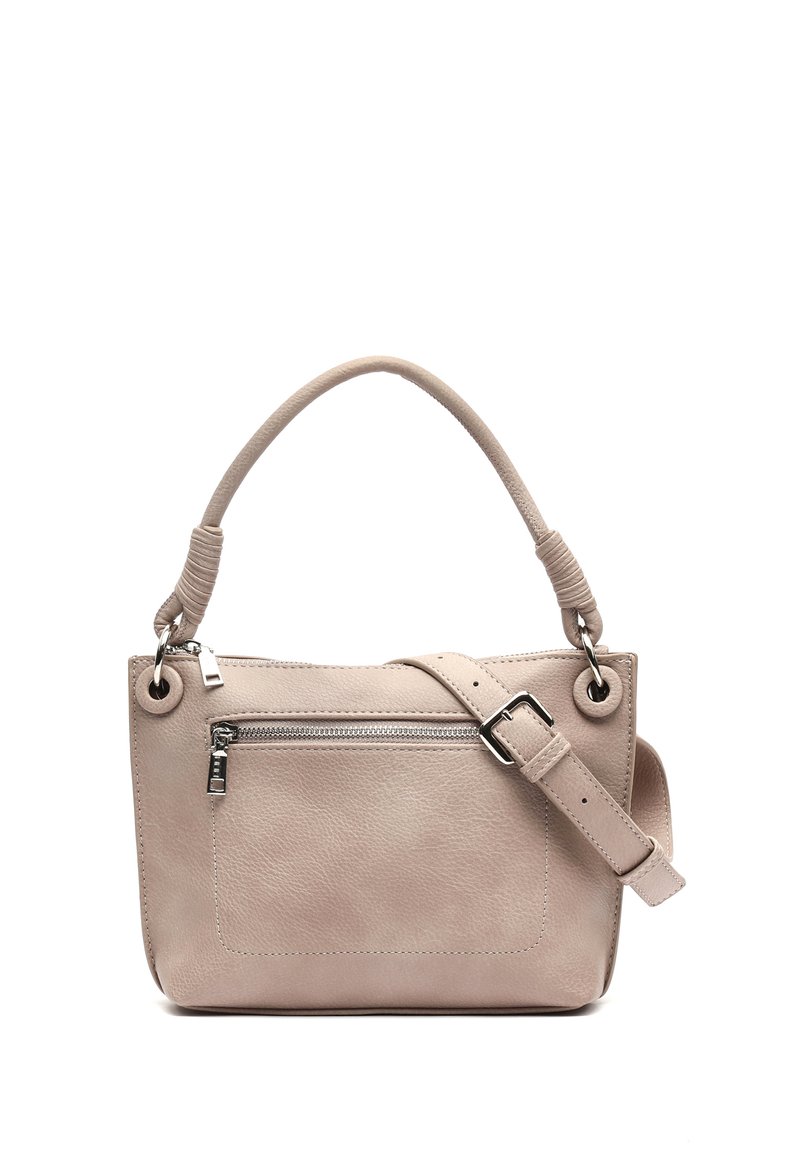 Sac à main en cuir beige clair avec une texture lisse, une poignée supérieure unique, une bandoulière réglable et une poche zippée à l'avant.