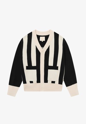 Cardigan à rayures noires et crème avec manches longues, fermeture par boutons, poignets et ourlet côtelés, et deux poches avant.