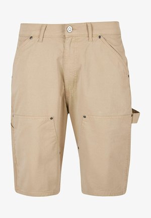 Vaaleat beige cargo-shortsit, jotka on valmistettu puuvillasekoitetekstiilistä, ja joissa on useita sivutaskuja, nappikiinnitys ja yläommeltuja yksityiskohtia.