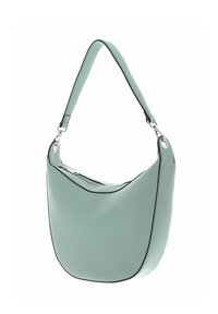 Sac hobo en cuir vert menthe avec des bords noirs, texture lisse et une seule bandoulière réglable. Dispose d'une fermeture éclair supérieure pour l'accès.