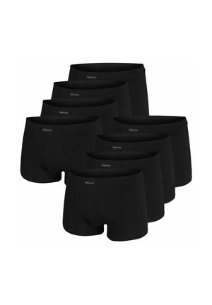 Acht Paar schwarze Herrenboxershorts, angeordnet in zwei versetzten Reihen auf weißem Hintergrund.