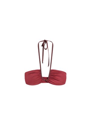 Bordeaux bandeau bikinioverdel med halterneck og samlet detalje foran.