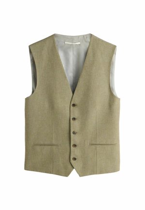 Svetlozelená vesta z textúrovaného materiálu s výstrihom do V, päť hnedých gombíkov a dve predné vrecká. Podšívka vo vnútri v kontrastnej farbe.