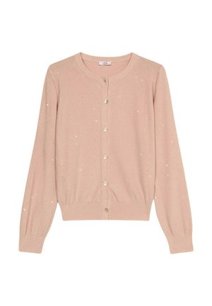 Hellpink langärmlige Strickjacke mit rundem Halsauschnitt, sechs Knöpfen, gerippten Bündchen und Saum, dekoriert mit kleinen verstreuten weißen Flecken.