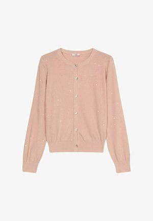 Lyserød langærmet cardigan med rund hals, seks knapper, ribbede ærmer og kant, dekoreret med små tilfældige hvide prikker.