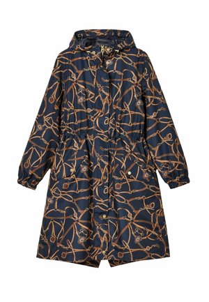 Marineblauer Regenmantel mit einem Kettenmuster in Gold und Braun. Verfügt über eine Kapuze, elastische Bündchen, Druckknöpfe und einen verstellbaren Taillenbund.