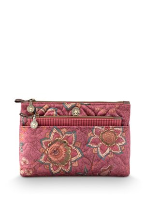 Quilted fabric pouch with pink floral patterns, two zippered compartments, and decorative cameo zipper pulls.